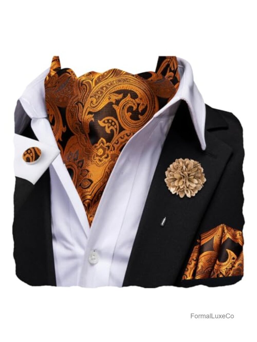 Silk Ascot Tie Set with Pocket Square Cufflinks & Lapel Pin for Wedding Party